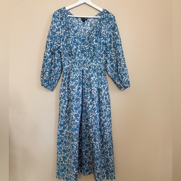 JCREW V Neck Puff Sleeve Midi Dress Blue Bloom Floral Print Prairie Cottagecore - Picture 5 of 13